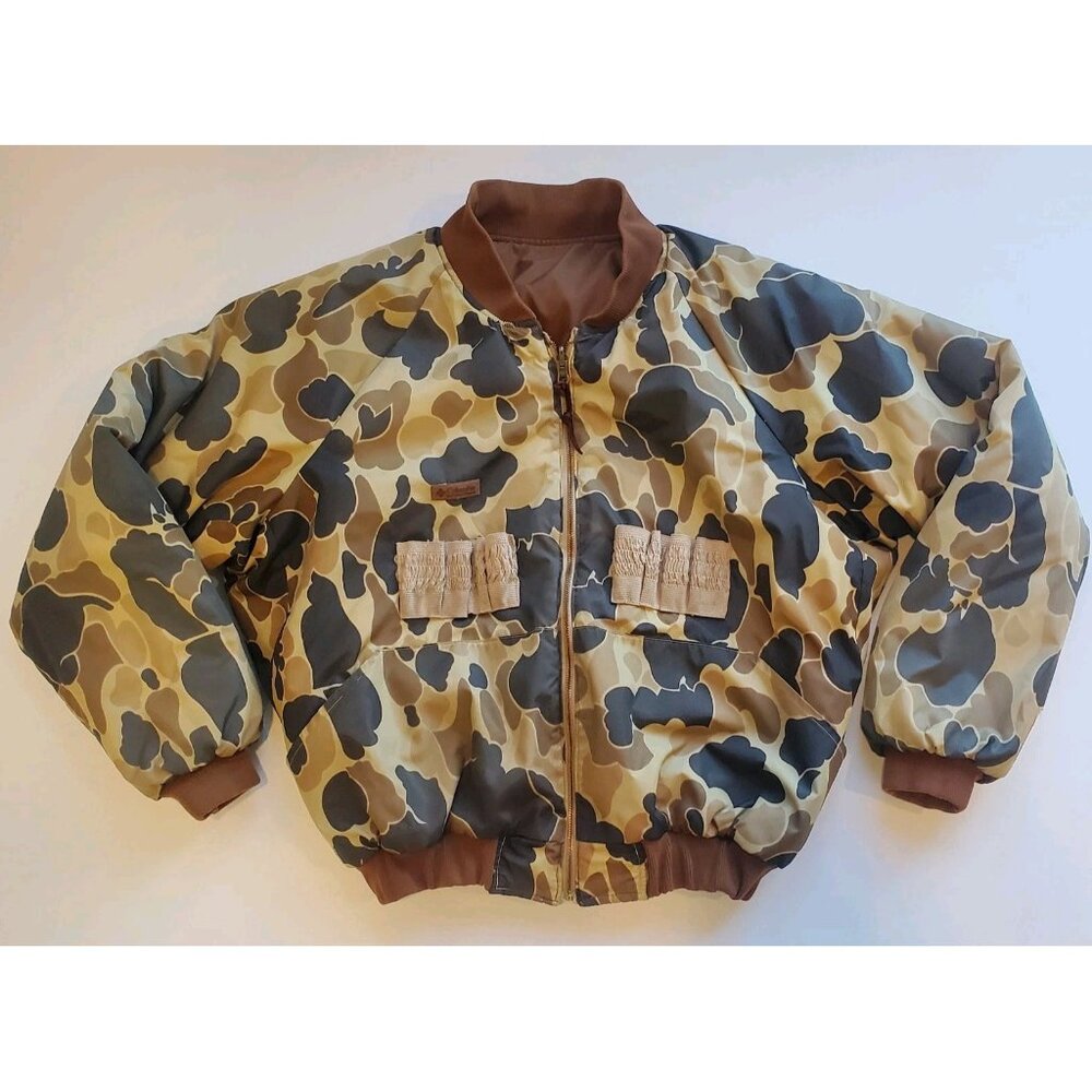 VTG Columbia Hunting Bomber Puffer Jacket Size Medium Reversible Duck Camo Brown